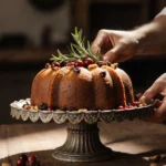 Baker placing rosemary sprigs on fruitcake with warm light on wooden counter in rustic Texas bakery