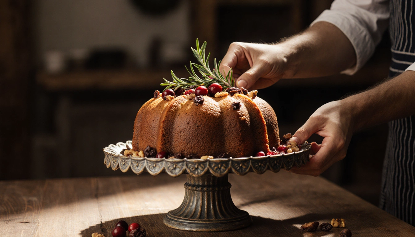 Baker placing rosemary sprigs on fruitcake with warm light on wooden counter in rustic Texas bakery