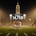 Fans high‑fiving on Texas Longhorns field with golden stadium lights and UT Tower scoreboard showing valuation