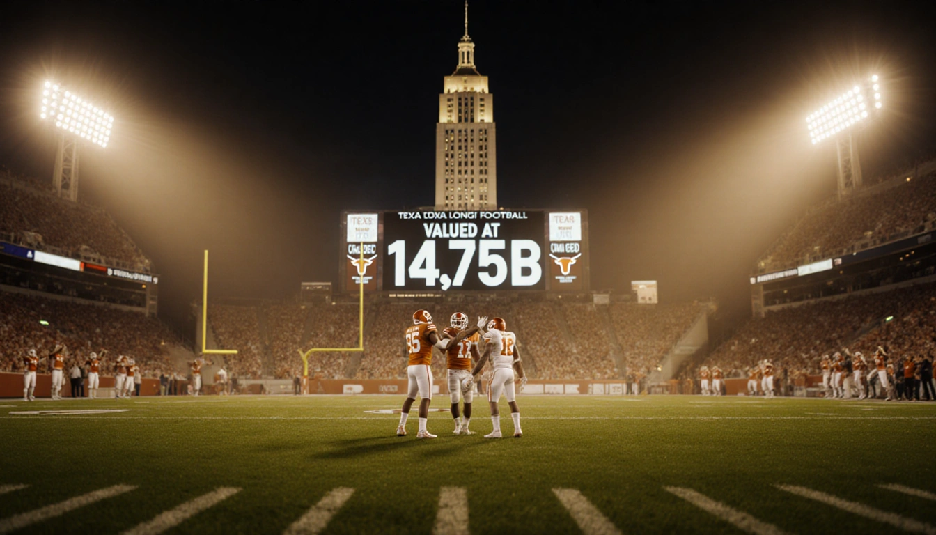 Fans high‑fiving on Texas Longhorns field with golden stadium lights and UT Tower scoreboard showing valuation