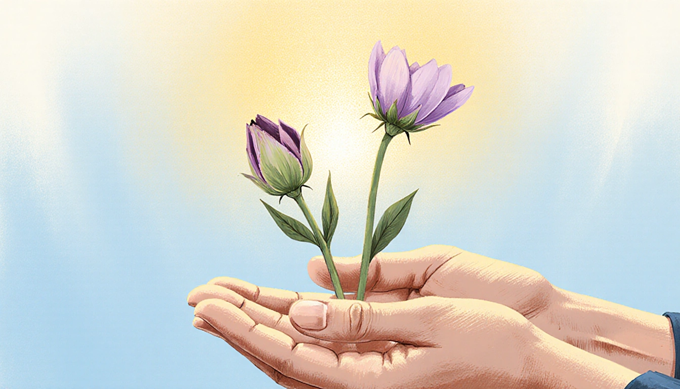 Therapist's hands cradle a wilted and a perfect flower with a blue‑to‑gold gradient background symbolizing balance