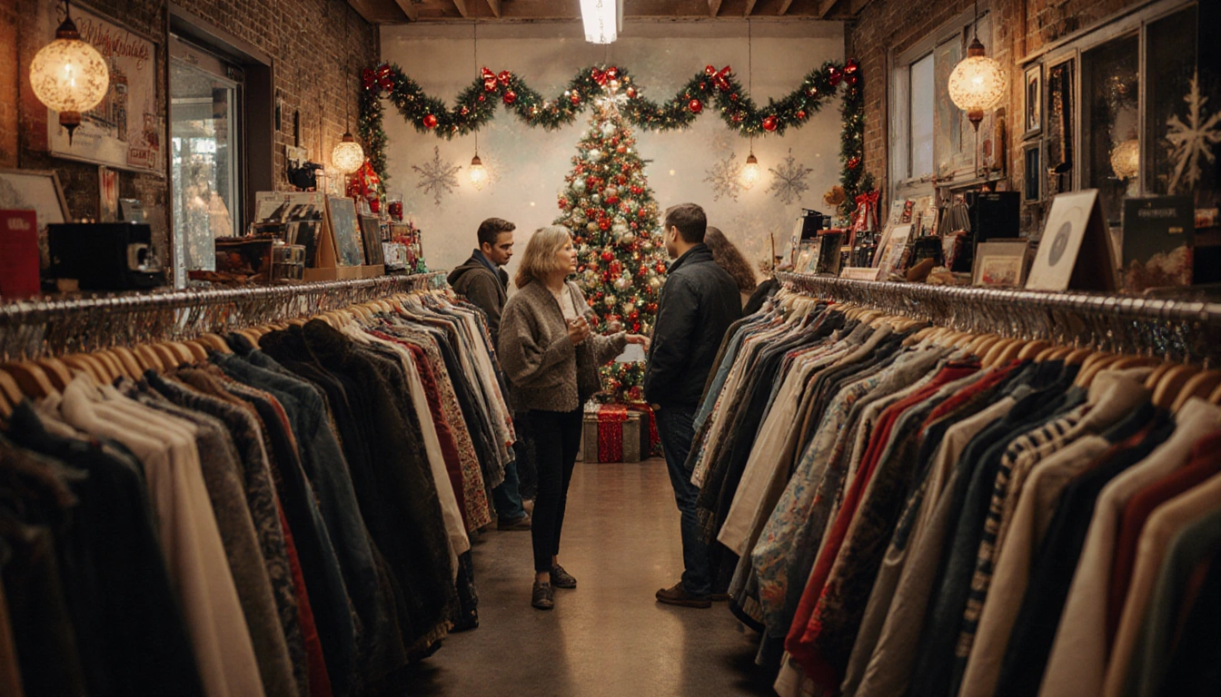 Diverse shoppers browsing racks in a cozy thrift store with warm lighting and a festive holiday backdrop.