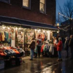 Shoppers compare designer labels with colorful winter sweaters at a thrift store and string lights on wet pavement.