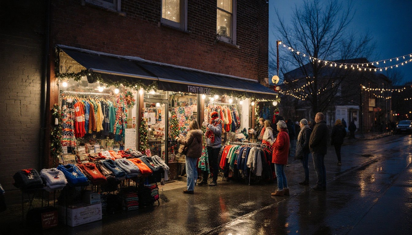 Shoppers compare designer labels with colorful winter sweaters at a thrift store and string lights on wet pavement.