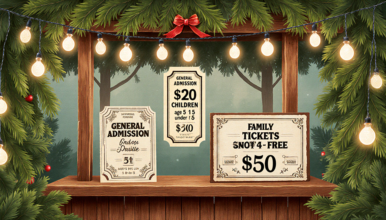 Ticket booth presenting tickets with wooden counter lush greenery string lights and a festive family ticket