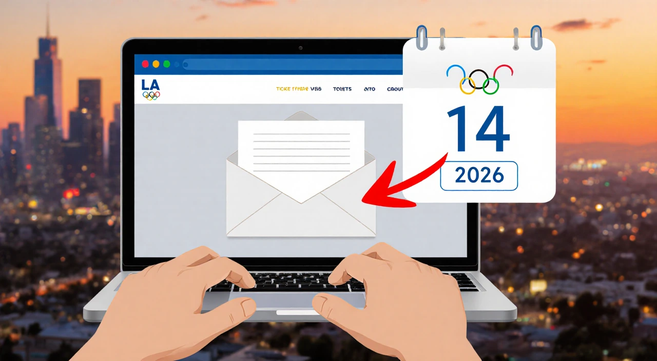 Person holding laptop showing ticket portal with Olympic envelope and calendar date in LA sunset