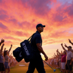 Tiger Woods walking off the 17th hole of a Ryder Cup course with sunset orange glow and crowd cheering and jeering behind him