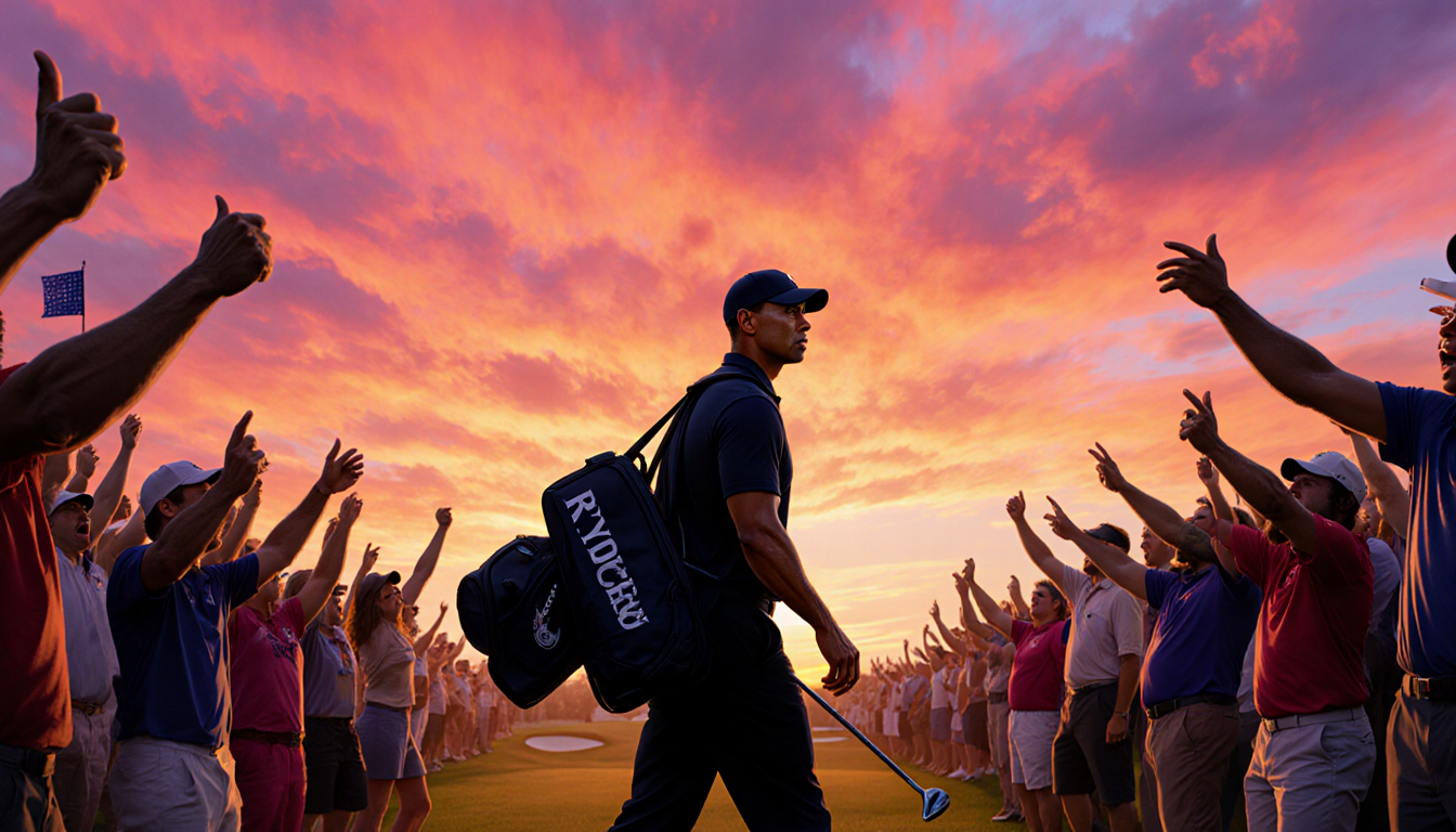 Tiger Woods walking off the 17th hole of a Ryder Cup course with sunset orange glow and crowd cheering and jeering behind him