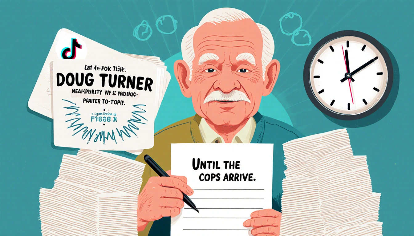 Elderly man writing handwritten invitations with phrase until the cops arrive for a TikTok trend near stacks and a 4pm clock