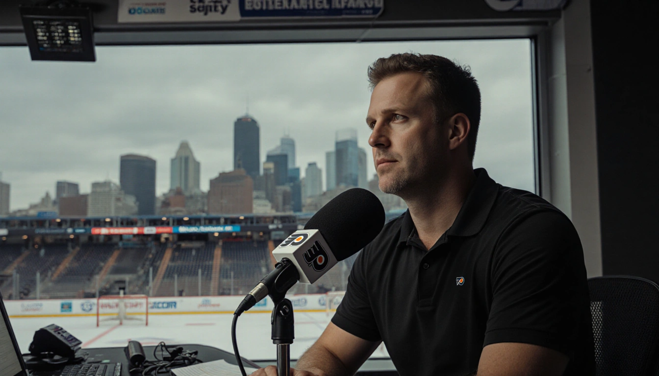 Tim Saunders sits at a microphone with a Philadelphia skyline and subtle hockey gear behind him