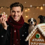 Timothée Chalamet holding a small gift with a red scarf beside a gingerbread house surrounded by holiday lights and snowfall