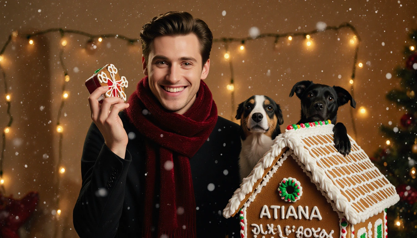 Timothée Chalamet holding a small gift with a red scarf beside a gingerbread house surrounded by holiday lights and snowfall