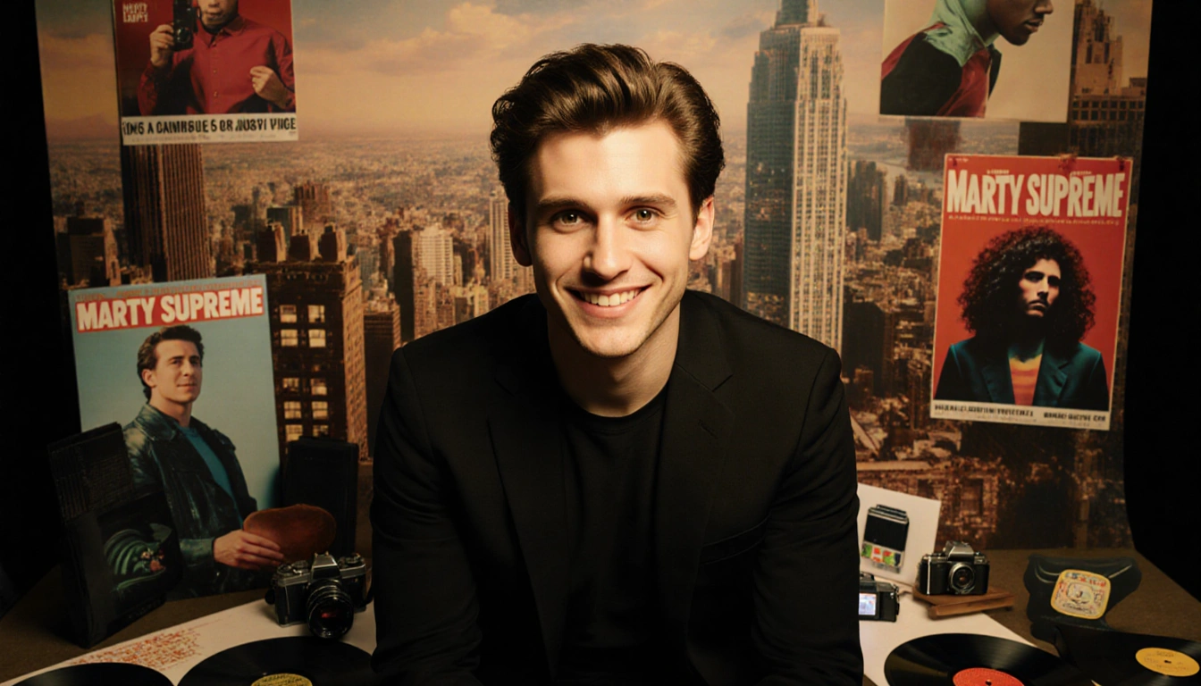 Timothée Chalamet smiles confidently at camera with a golden glow against a cityscape backdrop and movie premiere props