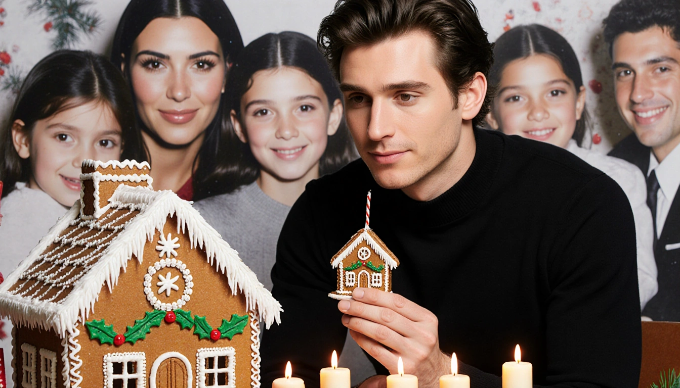 Timothée Chalamet holds a wooden ornament with a gingerbread house and holiday lights in the background.