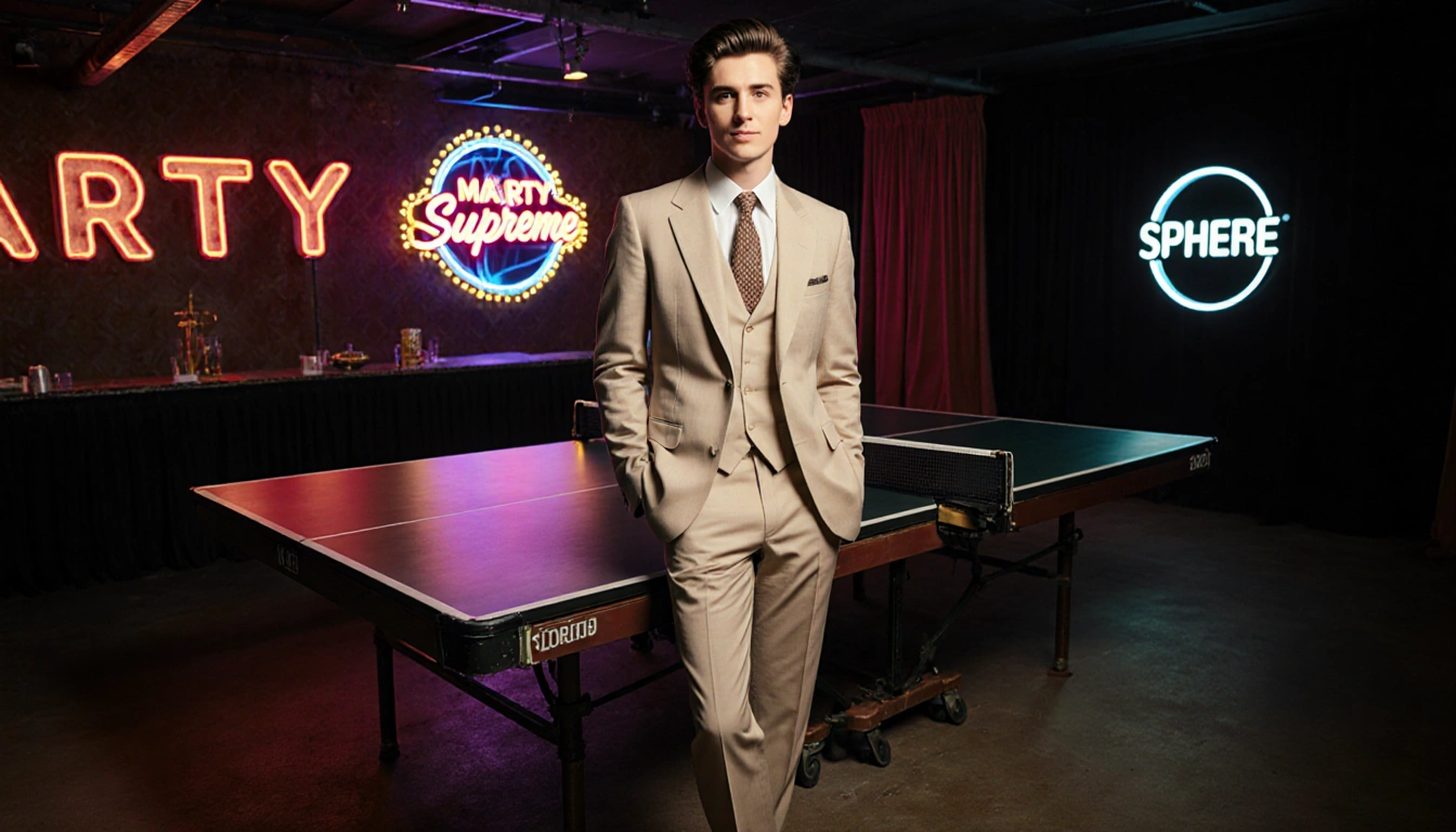 Timothée Chalamet stands confidently before vintage table tennis table with 1950s style and neon lights in Las Vegas backdrop