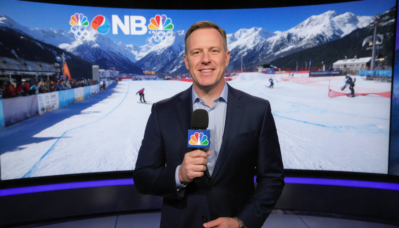Todd Harris standing at a broadcast booth holding a microphone with NBC logo above him and a mountain range in the background