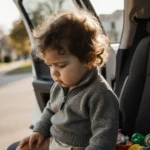 Toddler sits alone in open car backseat with gray sweater and warm light and blurred cityscape background and scattered toys