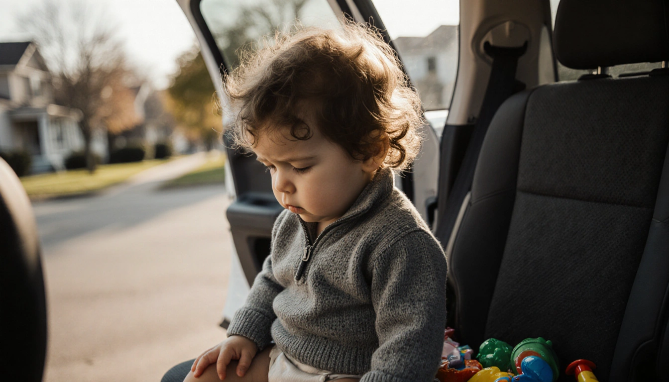Toddler sits alone in open car backseat with gray sweater and warm light and blurred cityscape background and scattered toys