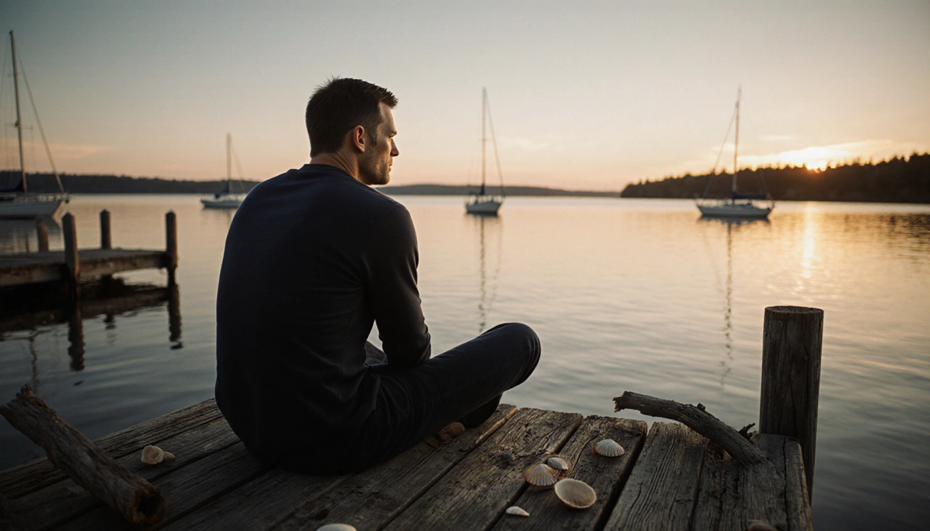 Tom Brady sits on a weathered dock at sunset overlooking a lake with drifting boats
