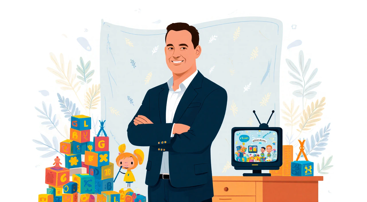 Tom Hanks standing beside a backdrop of blocks and toys with a small TV screen showing cartoon about early childhood educatio
