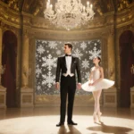 Tony Hawk standing center stage in a ballet tuxedo with golden baroque columns and crystal chandeliers and Clara surprised