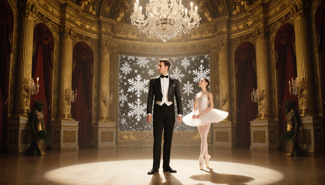 Tony Hawk standing center stage in a ballet tuxedo with golden baroque columns and crystal chandeliers and Clara surprised
