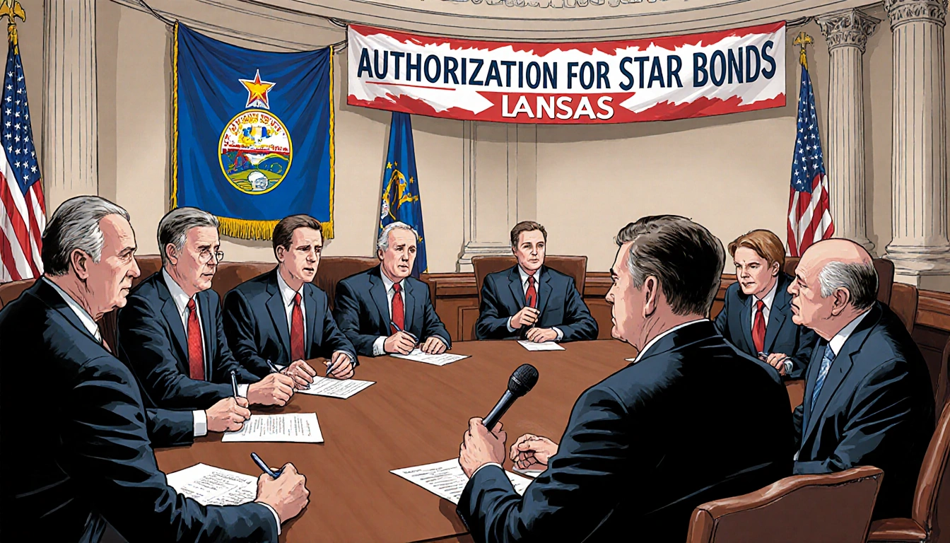 Lawmakers debating at a packed Capitol table with Kansas flag and STAR Bonds banner.
