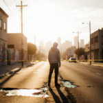 Hoodie standing beside broken glass with police tape on graffiti‑covered street under warm orange light