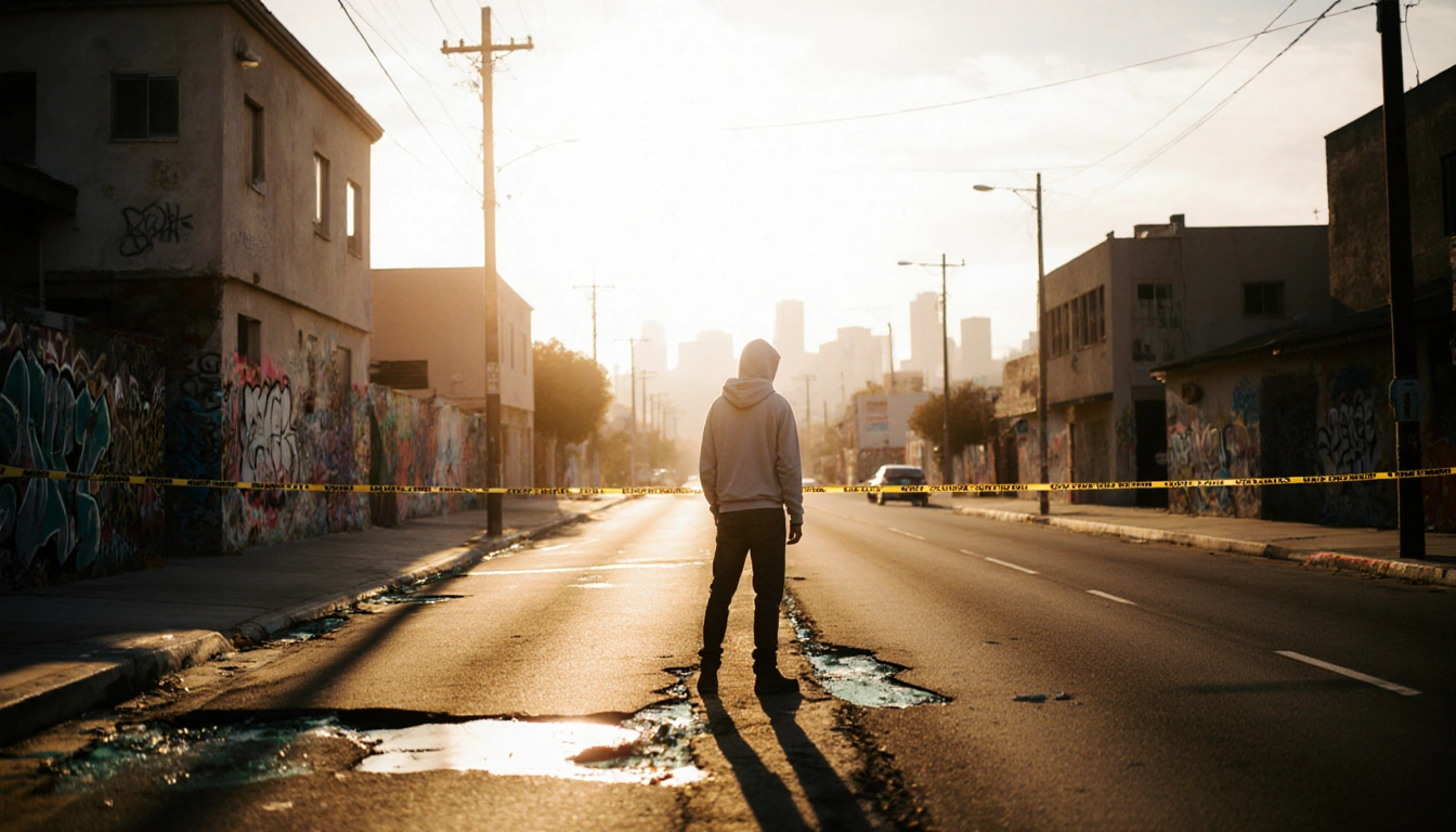 Hoodie standing beside broken glass with police tape on graffiti‑covered street under warm orange light
