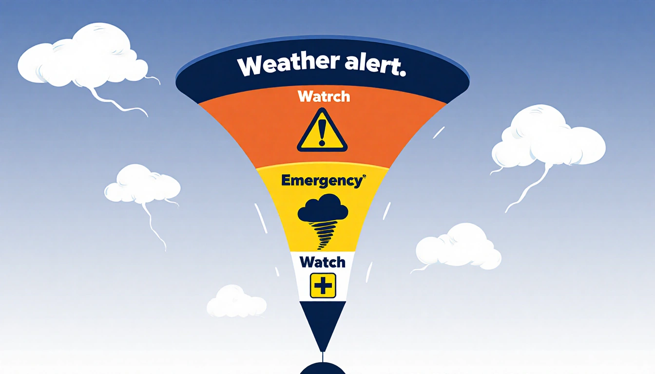Weather alert graphic shows watch warning emergency with tornado alert icon ominous cloud and yellow be prepared symbol sky.