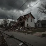 House collapsed with roof ripped off and debris scattered with downed power line and uprooted trees from tornado damage