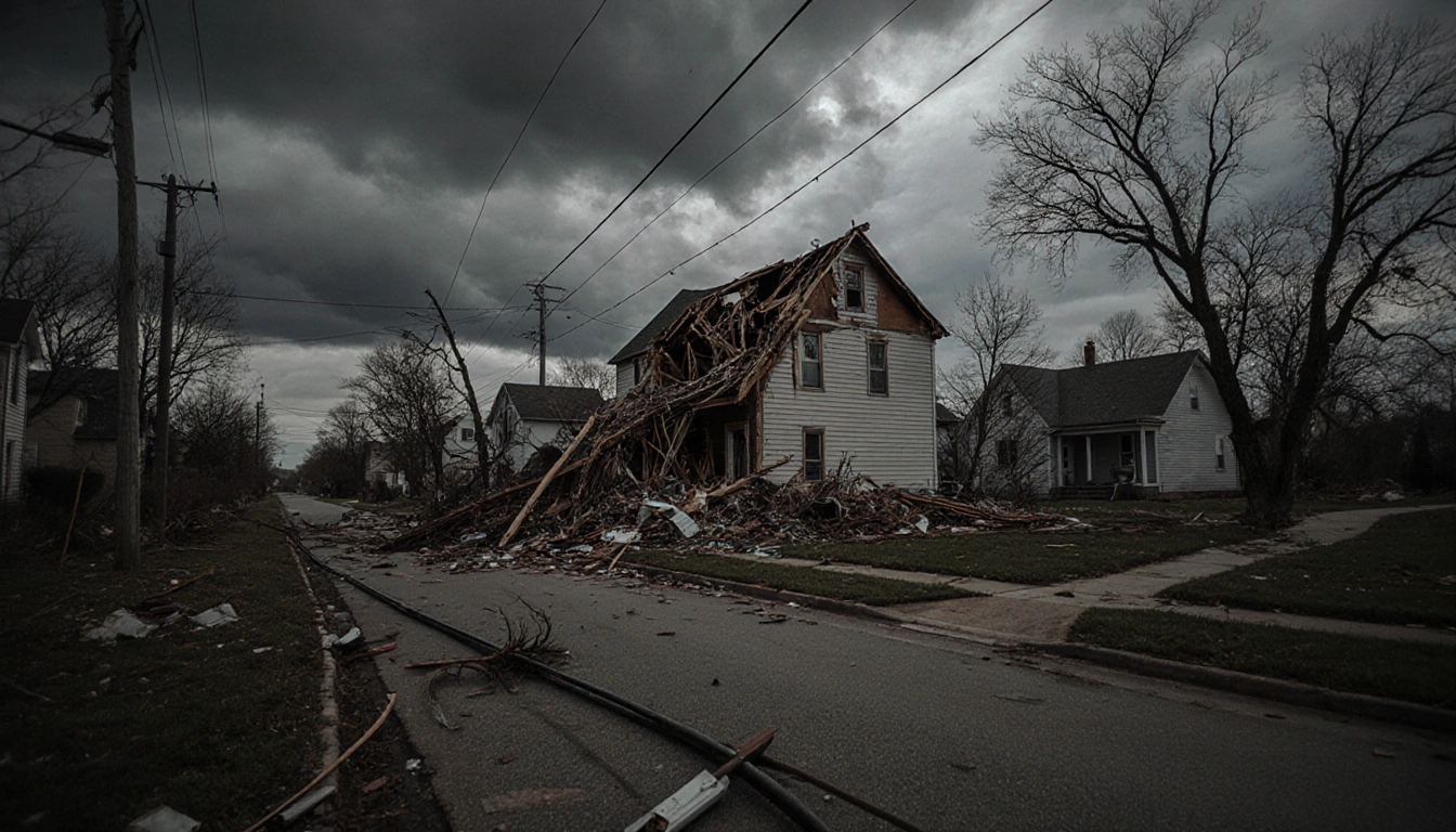 House collapsed with roof ripped off and debris scattered with downed power line and uprooted trees from tornado damage