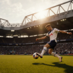 Liverpool player kicking ball with determination under Tottenham Hotspur roof and sunset glow while fans blur in background