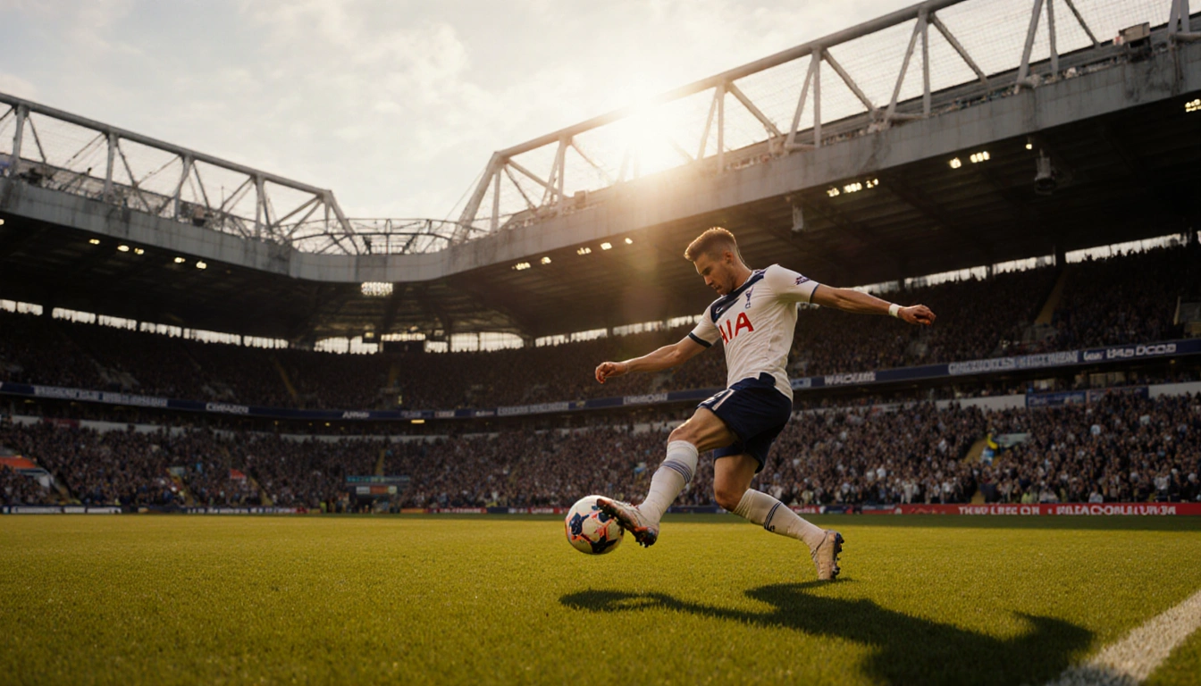 Liverpool player kicking ball with determination under Tottenham Hotspur roof and sunset glow while fans blur in background