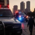 Tow truck parked on Temple Street with skyline visible in its windshield and emergency lights flashing.