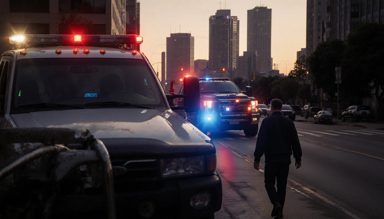 Tow truck parked on Temple Street with skyline visible in its windshield and emergency lights flashing.