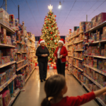 Young girl reaching for shiny doll with smiling sisters in Santa hats amid toy‑filled aisles and sparkling Christmas tree