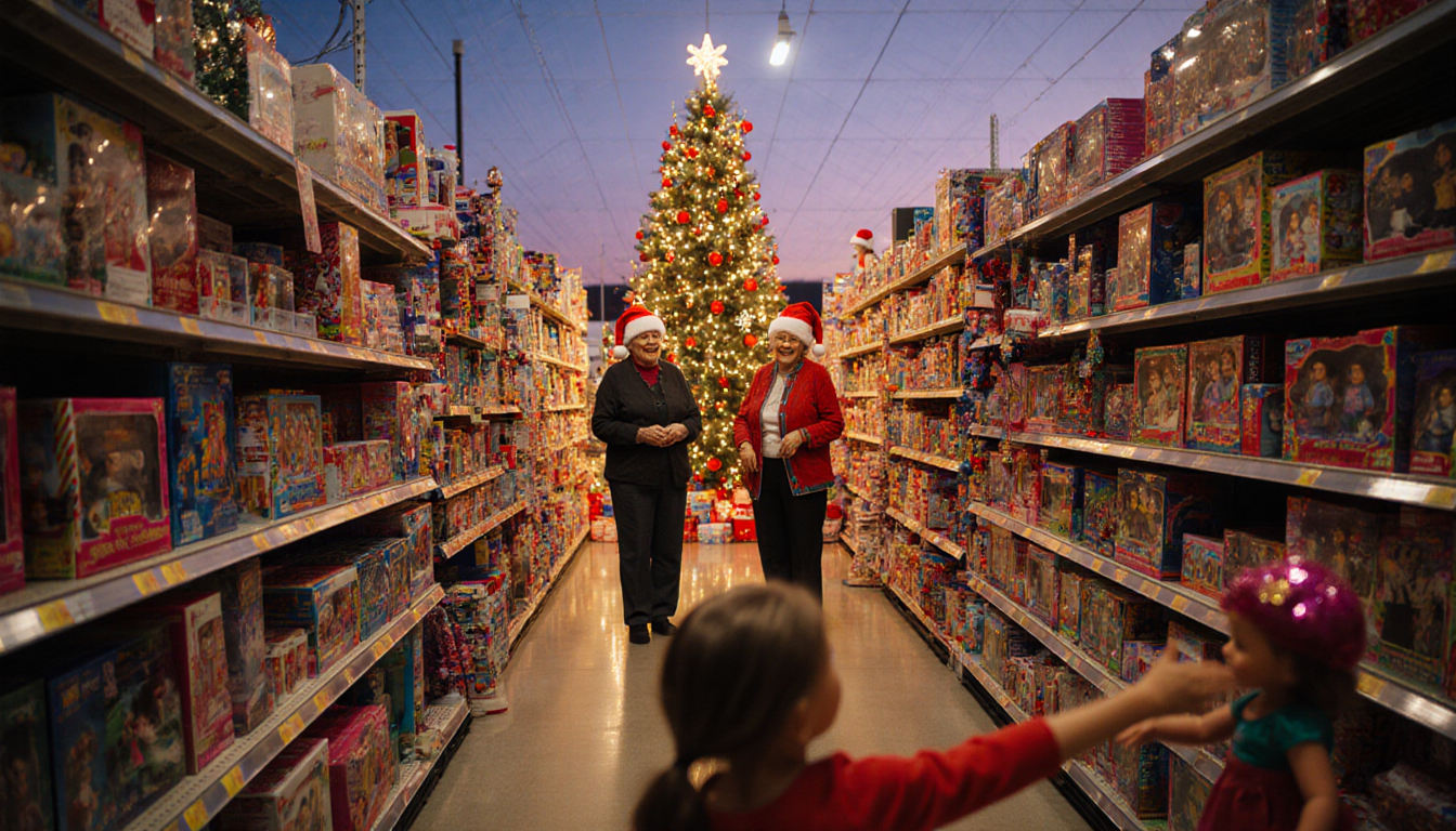 Young girl reaching for shiny doll with smiling sisters in Santa hats amid toy‑filled aisles and sparkling Christmas tree