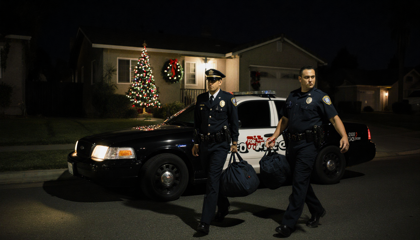 Delivery driver is escorted by officers with handcuffs while holding a duffel bag of stolen Toys-for-Tots near a Christmas tr
