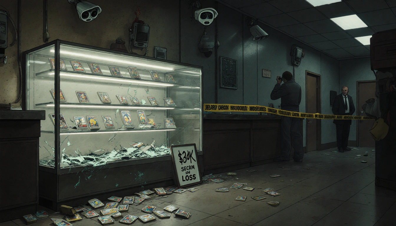 Broken display case reveals scattered trading cards with police tape and a losses notice.