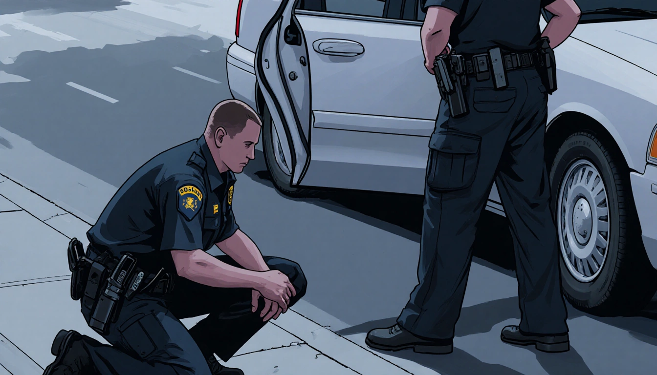 Police officer crouching beside stolen vehicle in traffic stop with gun holster officer leaning against the car