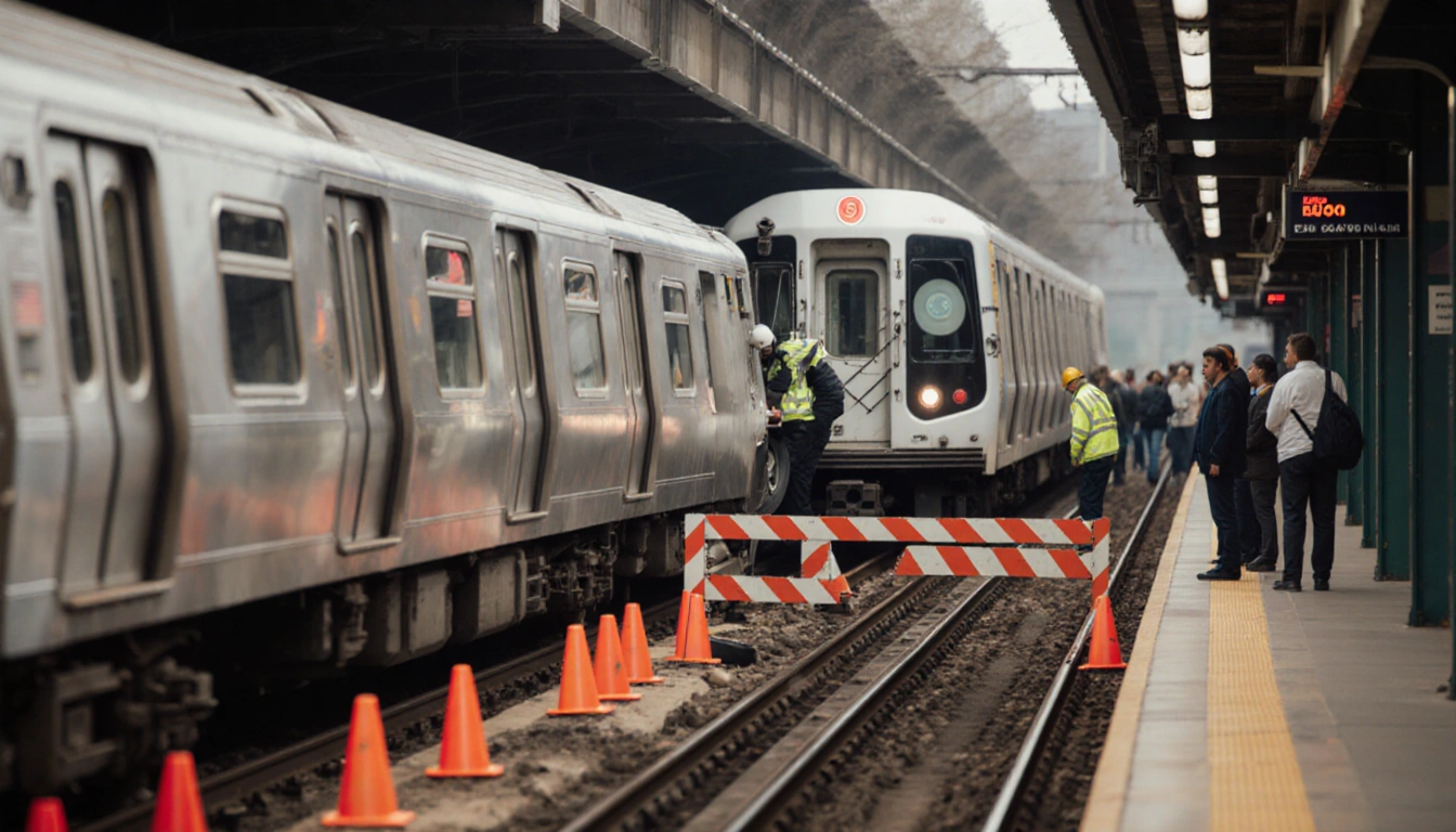 Metro staff removing vehicle from train car with traffic cones marking closed track and passengers waiting nearby