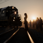 Lone figure standing on tracks with a darkening train heading toward a collision at dusk