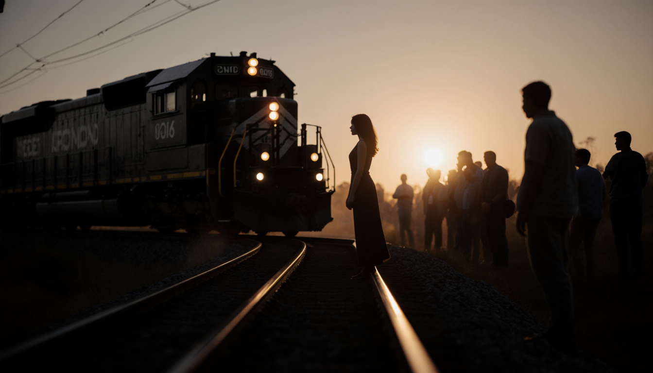 Lone figure standing on tracks with a darkening train heading toward a collision at dusk