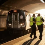 Rescued driver and passenger are led away by responders in yellow vests with a train collision backdrop