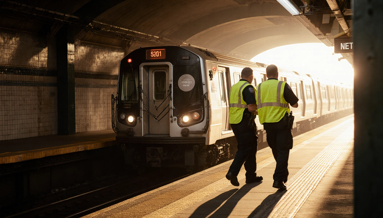 Rescued driver and passenger are led away by responders in yellow vests with a train collision backdrop