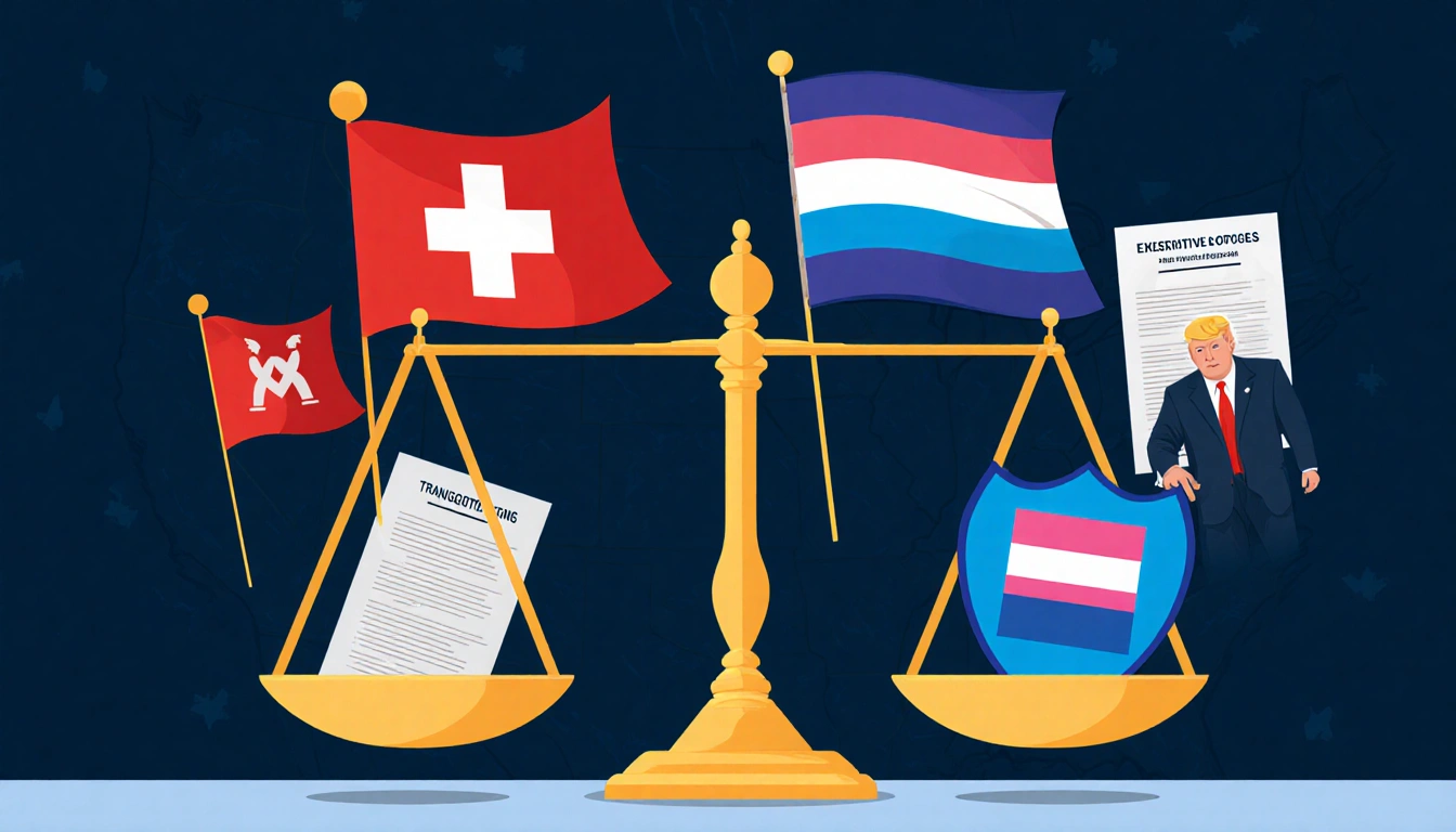 Scales balance side marked Restriction under red flags and side marked Support under shield health with transgender flag.