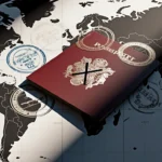 Passport shows stamps with central X surrounded by five circular marks of travel ban on world map.