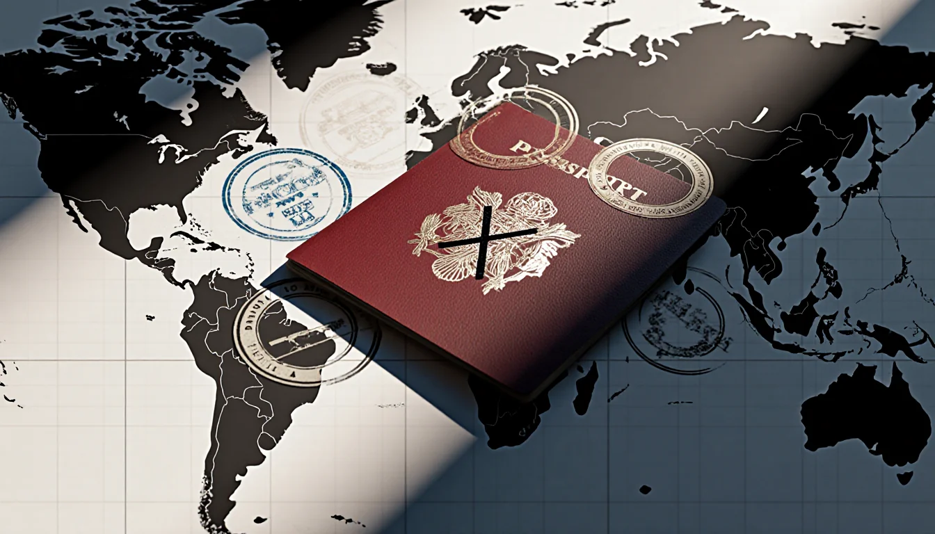 Passport shows stamps with central X surrounded by five circular marks of travel ban on world map.