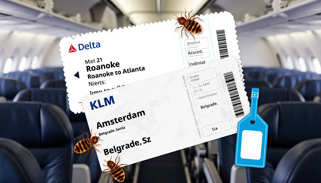 Collage depicting travel itinerary with Delta ticket and KLM ticket and bed bugs crawling